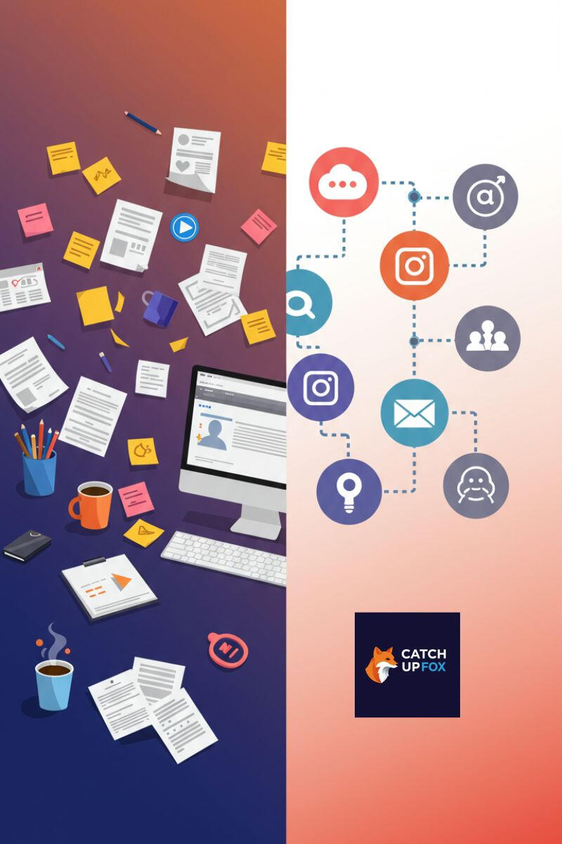 Automation image Illustration showing automation transforming digital chaos into calm, with icons for social media, email, and content tools.